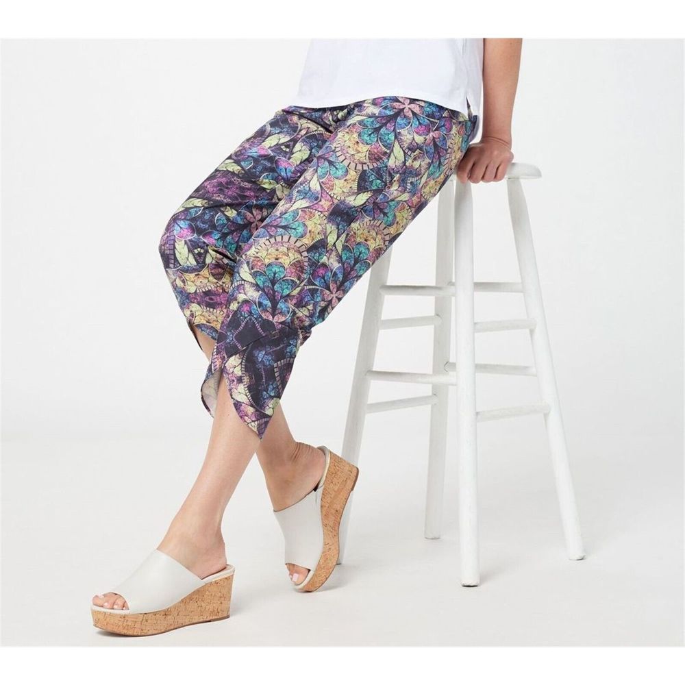 Attitudes Renee Tulip Hem Printed Crop Pants Amethyst Floral A3981018